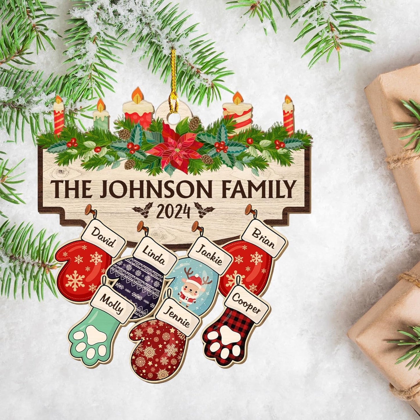 Family with Pet Ver 2 - Personalized Custom Wood Ornament, Family Gloves Christmas Ornament 2024, Xmas Ornament Gifts for Family Tree Decoration (A06, 4 Names)