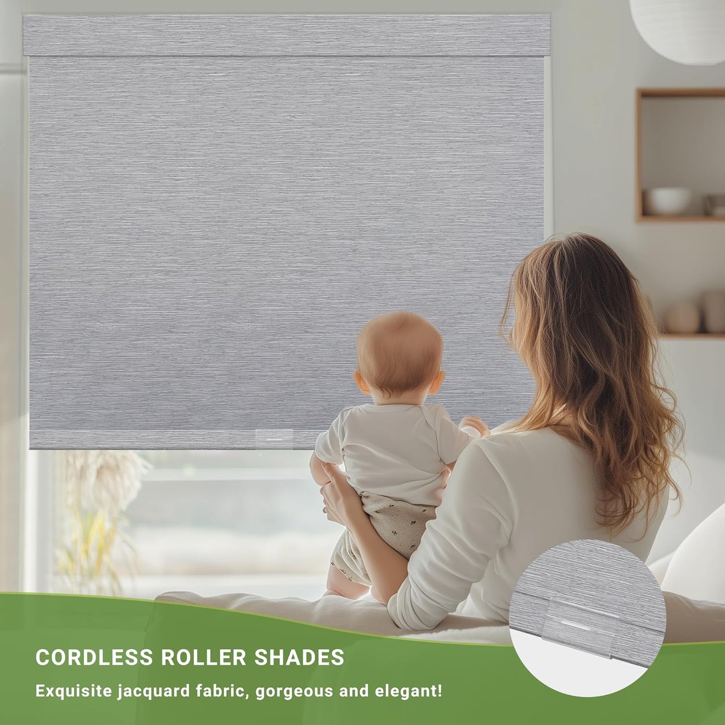 Blackout Roller Shades for Indoor Windows, Cordless Jacquard Fabric-Matched Roller Blinds, Easy to Install Privacy UV Protection Roll Up Blinds for Home Office, Grey, 27" W x 72" H