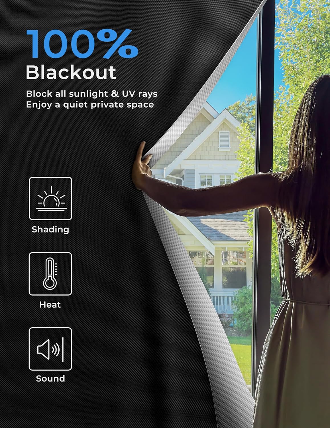 Sumobaby Blackout Curtains for Bedroom 54"x70"Portable Black Out Window Cover with Heat-Resistant Hook&Loop Tape,100% Blackout Shades No Drill Blinds for Windows DIY Cut Fit for Nursery,TV Room(Black)