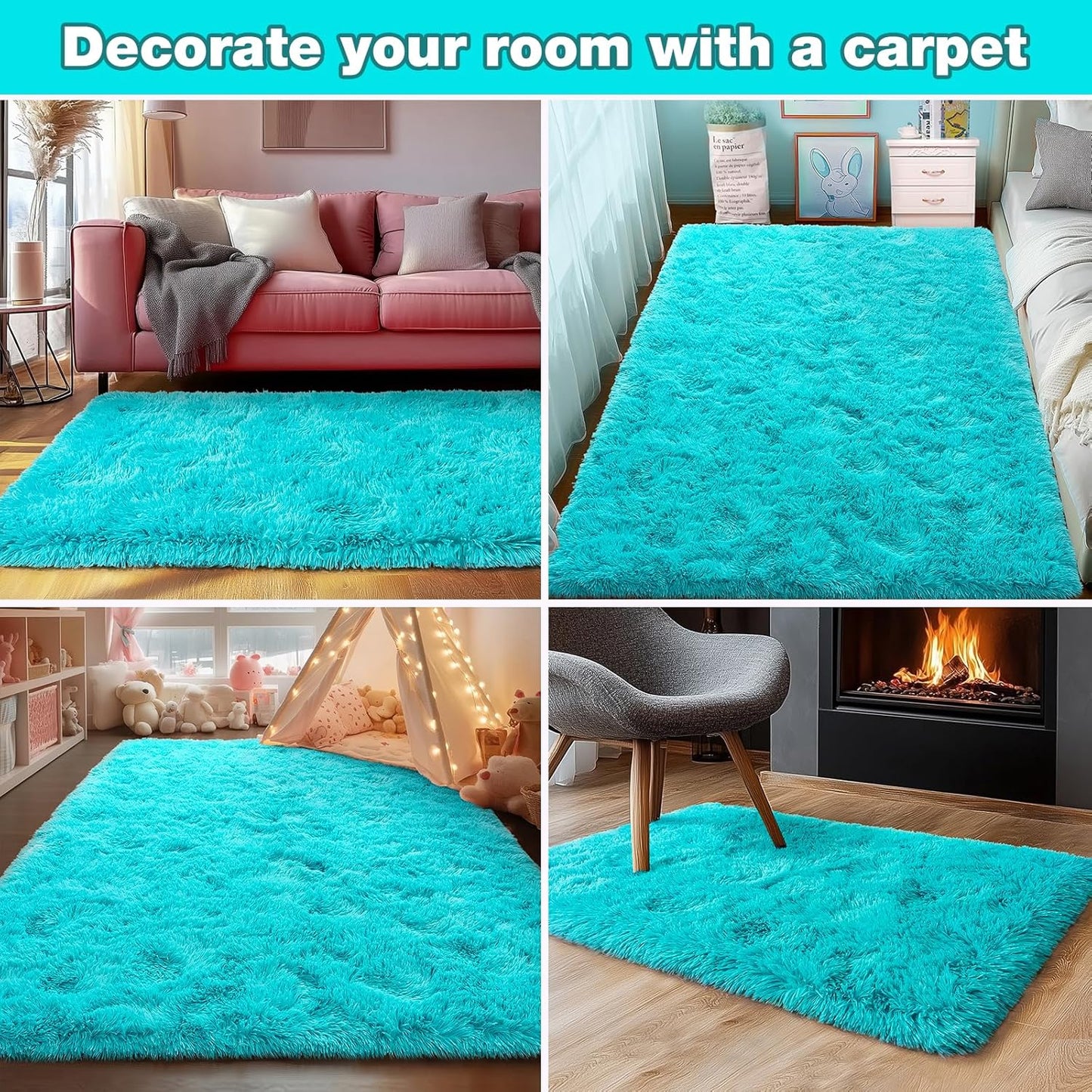 Rezutan Soft Fluffy Rug for Living Room Bedroom,Comfy Modern Large Shaggy Fuzzy for Kids Rug, Plush Indoor Nursery Classroom Home Decor Bedside with Non-Slip Bottom, Teal Blue, 8 X 10 Feet