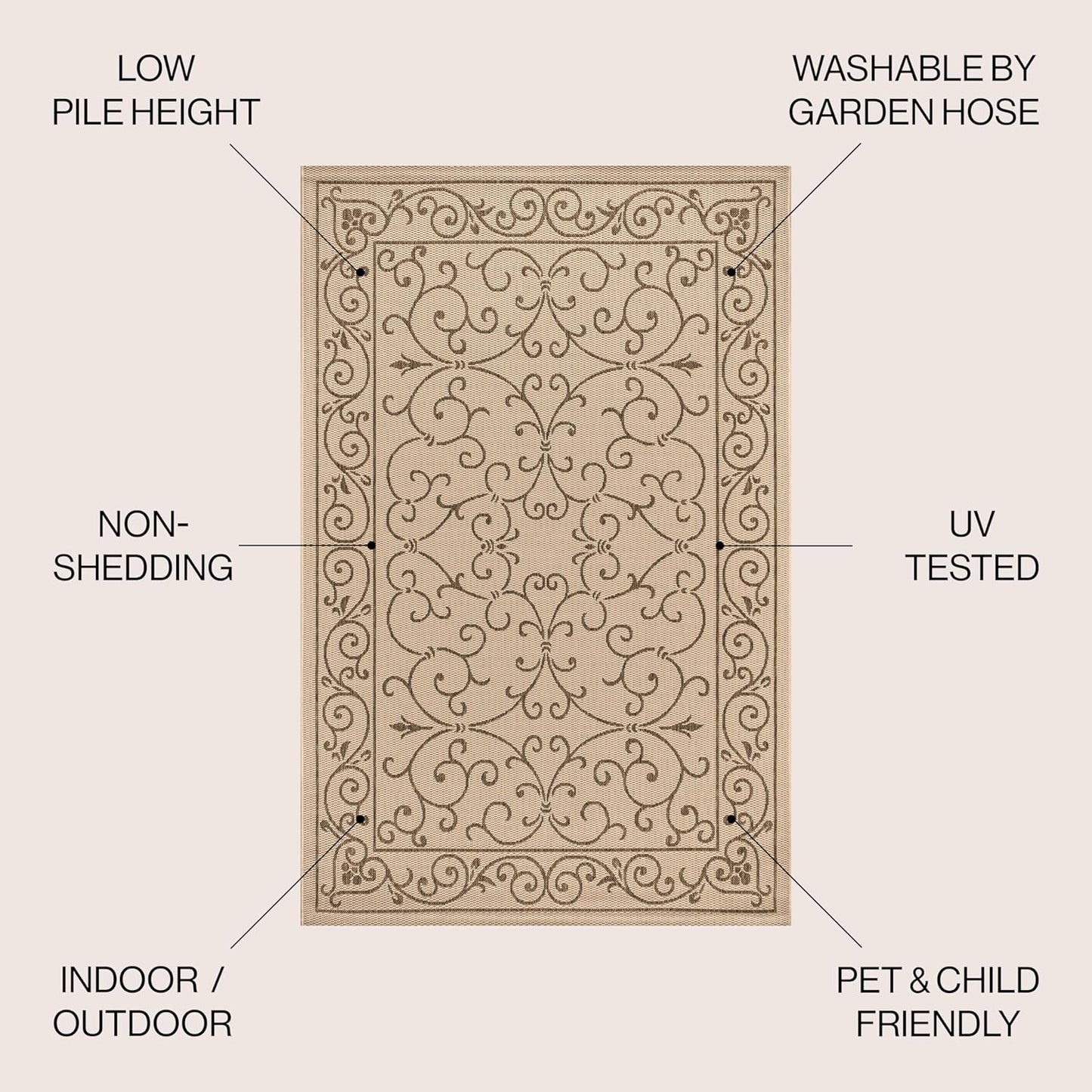 JONATHAN Y Vintage Filigree Indoor Outdoor Square Area Rug 8X8 Beige/Brown, Charleston Textured Weave for Backyard, Patio, Porch, Easy-Cleaning, High Traffic, Pet-Friendly, Non-Shedding (SMB106A-8SQ)