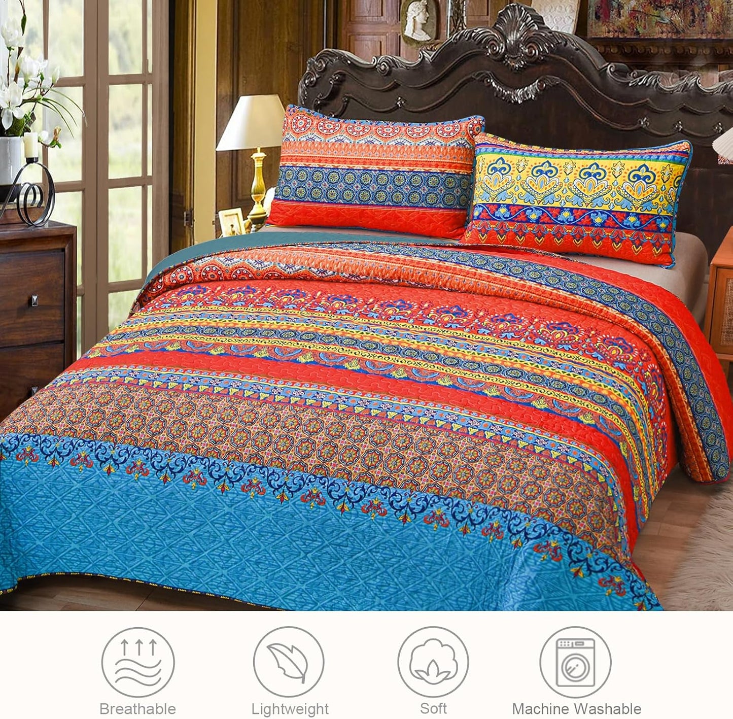 Exclusivo Mezcla Reversible Boho Quilt Set Queen Size, 3 Pieces Bohemian Blue All Season Bedspreads, Ultra Soft Floral Coverlet Bedding Set with Printed Pattern (1 Quilt, 2 Pillow Shams)