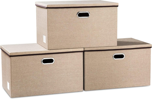 PRANDOM Extra Large Collapsible Storage Bins with Lids [3-Pack] Linen Fabric Foldable Storage Baskets Boxes Organizer Containers Cube with Cover for Bedroom Closet Office Nursery (22.8x15.75x13.8)