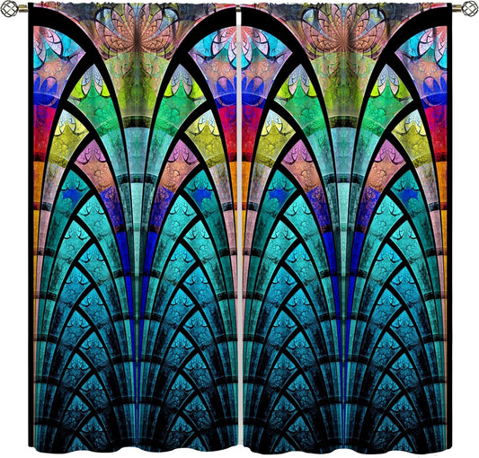 Stained Glass Curtains,Retro Design Style Colorful Abstract Art Home Decor Drapes for Bedroom Living Room Kitchen Window Treatment 2 Panels Set Total Size 42" W X 63" L Inch