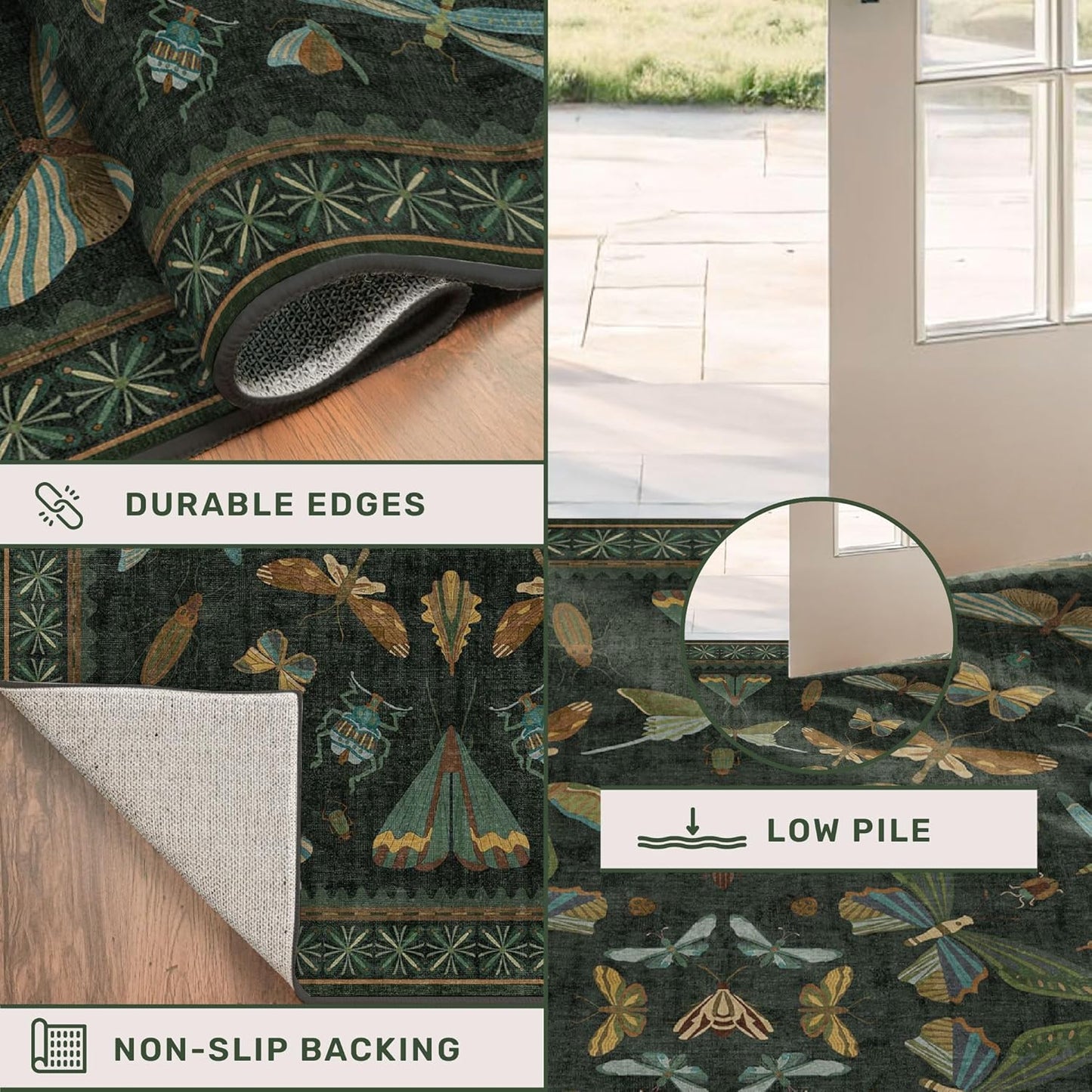 Green Living Room Rug - Vintage Washable Dark Green 10x14 Rug for Dining Room Under Table, Bedroom, Insect Moth Floral Design, Non-Slip Soft Low Pile