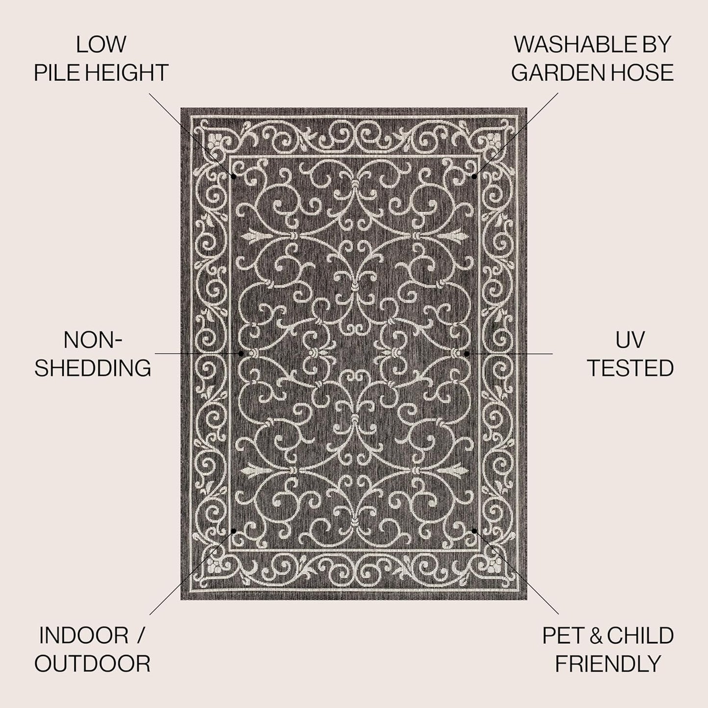 JONATHAN Y Vintage Filigree Indoor Outdoor Area Rug 6X9 Black/Gray, Charleston Textured Weave for Backyard, Patio, Porch, Easy-Cleaning, High Traffic, Pet-Friendly, Non-Shedding (SMB106G-6)