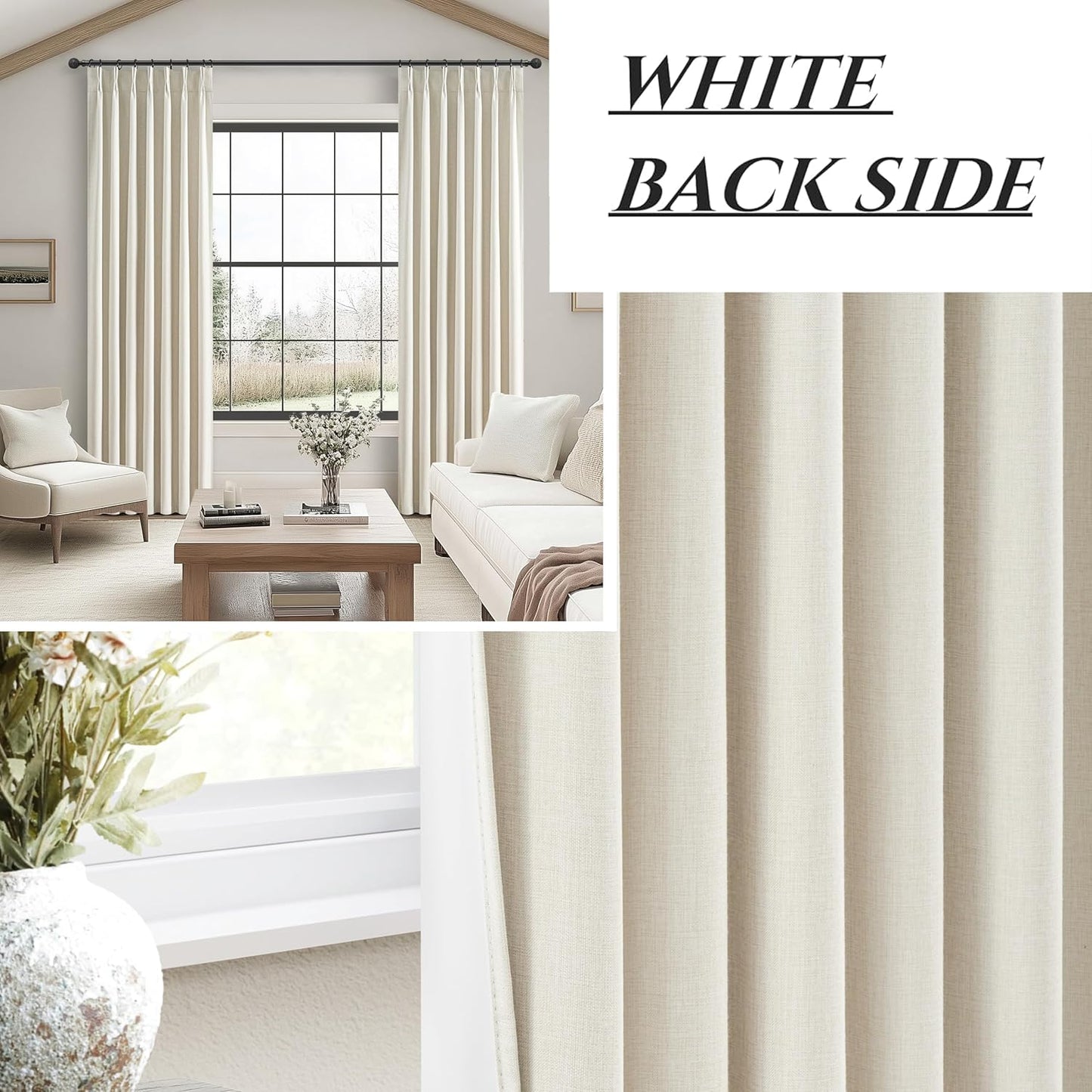 Cream Blackout Curtains & Drapes 96 Inches Long 2 Panels Set for Sliding Glass Doors, Pinch Pleated Thick Linen Blend Windows Curtain with Back Tab for Bedroom Cold Weather Thermal 40"W x 96"L