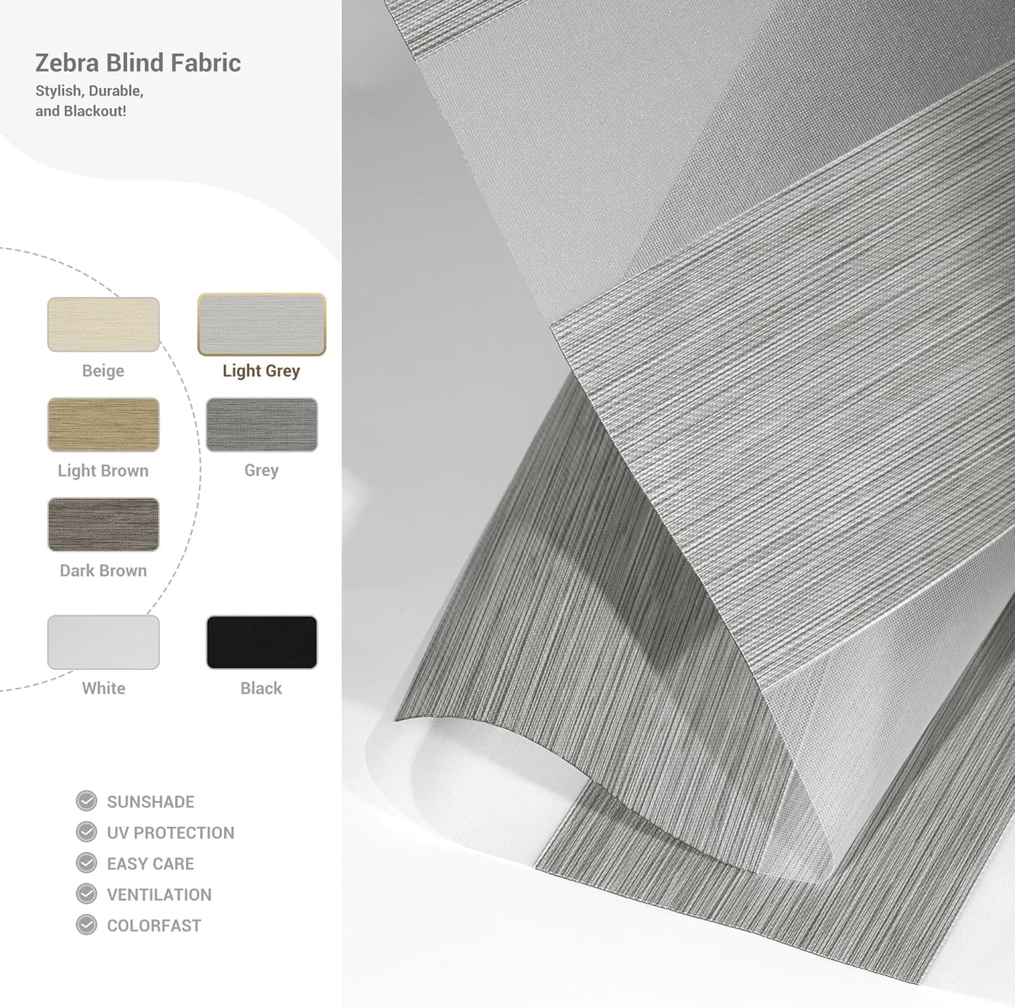 Cordless Zebra Blinds for Windows, Blackout Interior Blinds,Easy to Install,UV Protection,for Offices and Home,Custom Roller Shades, Mousse Light Grey,28" W x 64" H