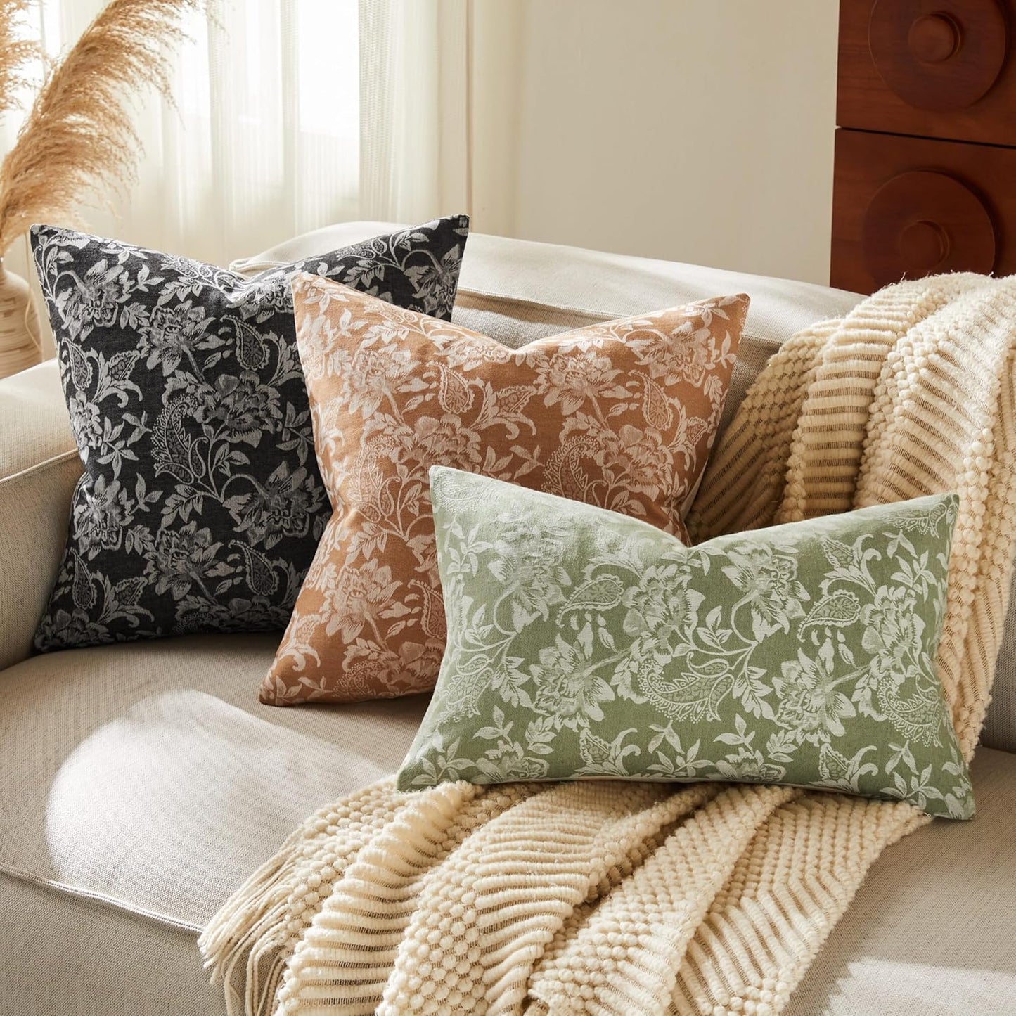 Floral Jacquard Lumbar Throw Pillow Covers Set of 2, Background/Charcoal 12x20 Inch, Farmhouse Decorative Cotton Dark Grey Cushion Covers for Sofa Bed Living Room Home Decor
