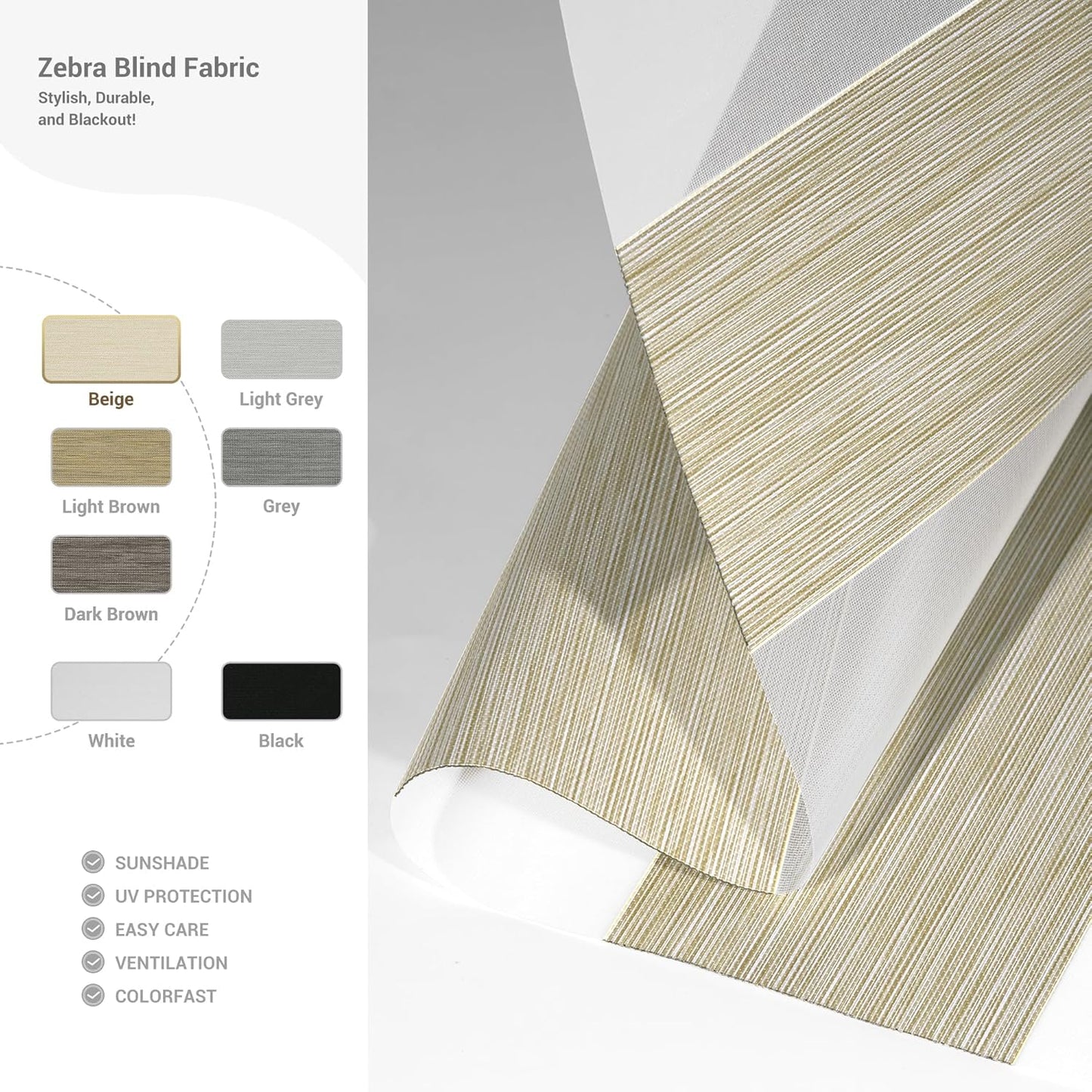 Cordless Zebra Blinds for Windows, Blackout Interior Blinds,Easy to Install,UV Protection,for Offices and Home,Custom Roller Shades, Mousse Beige,18" W x 88" H