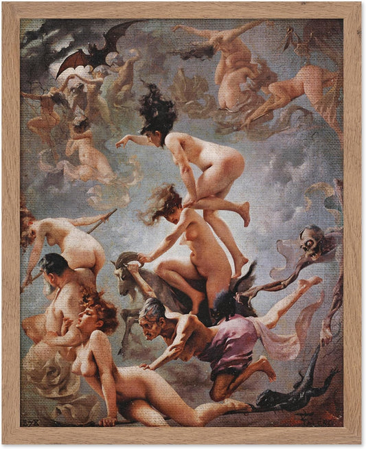 Poster Master Vintage Luis Ricardo Falero Poster - Retro Occult Print - Gift for Gothic, Horror Fan - Witches Going to their Sabbath, Pagan - Wall Decor for Bedroom, Dorm, 8x10 Beige Framed
