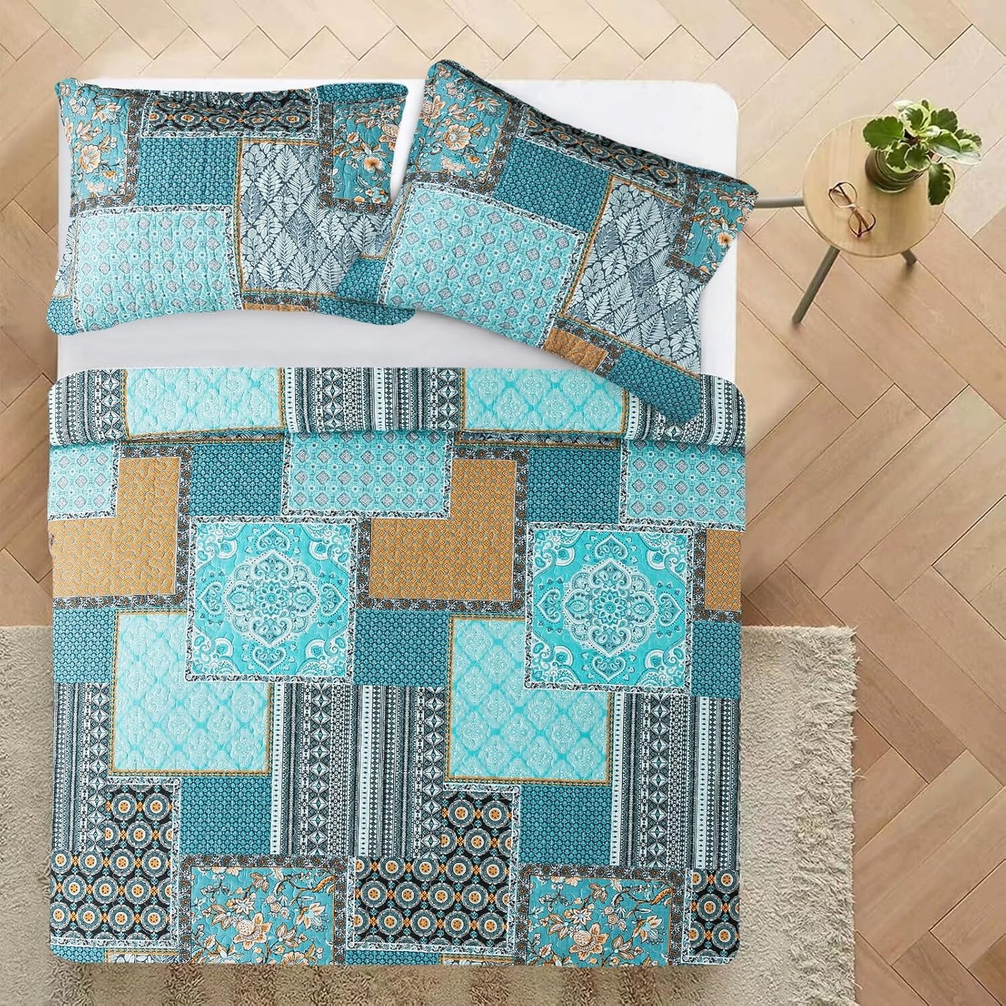 VAPUTAR Oversized King Size Quilt Bedding Set - Cotton California King Size Bedspreads (108 * 118 in) - Lightweight Floral Quilts for Farmhouse Bedroom (Teal/Green Chic, 3 Pieces)