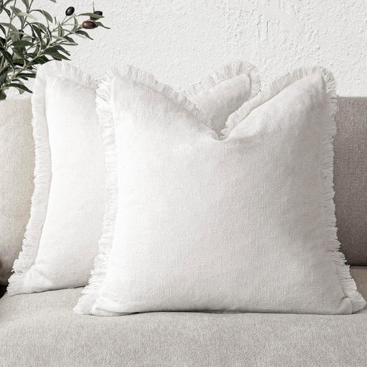 Foindtower Set of 2 Decorative Linen Fringe Throw Pillow Covers Cozy Boho Farmhouse Cushion Cover with Tassels Soft Accent Pillowcase for Couch Sofa Bed Living Room Home Decor,22×22 Inch,White