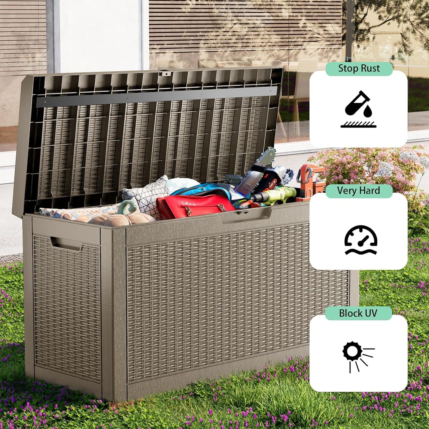 Vixzen 60 Gallon Outdoor Deck Box,Lockable Resin Waterproof Storage Box,UV Resistant,Weather Resistance,Outside Storage Bin for Gardening Tools,Pool Supplies,Gray