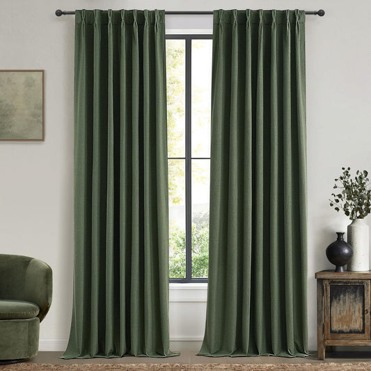 Extra Long Curtain Panels 96 Inches Long Window Curtains & Drapes for Living Room 2 Panels Set Organic Basics Backout Curtains Linen Pinch Pleated for Traverse Rods Dark Academia Olive Green