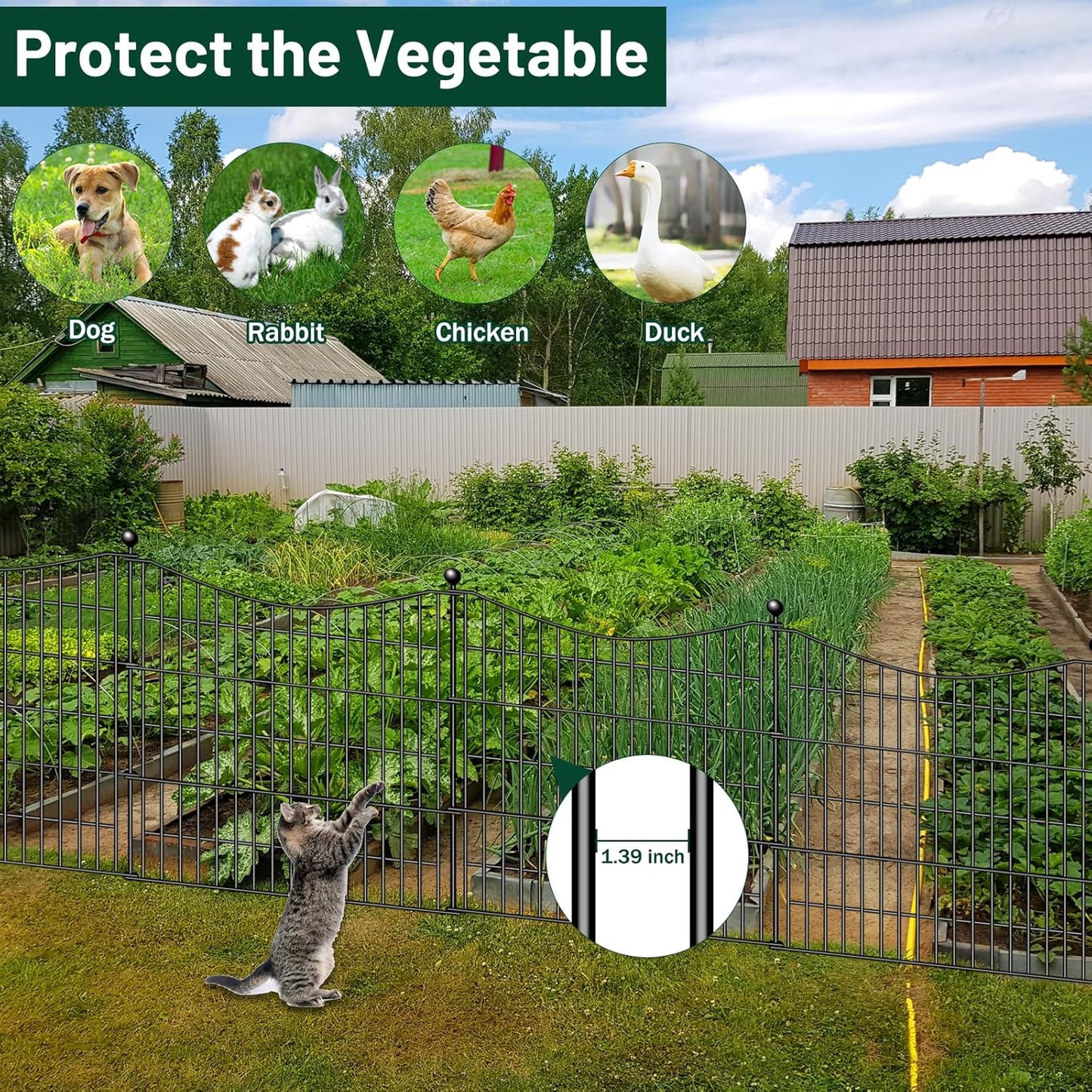 5 Panels Decorative Garden Fence with Gate, 32 in(H) X 12 ft(L) No Dig Dog Fence Animal Barrier Outdoor for Yard, Rustproof Metal Garden Edging and Borders, Temporary Fencing Stakes