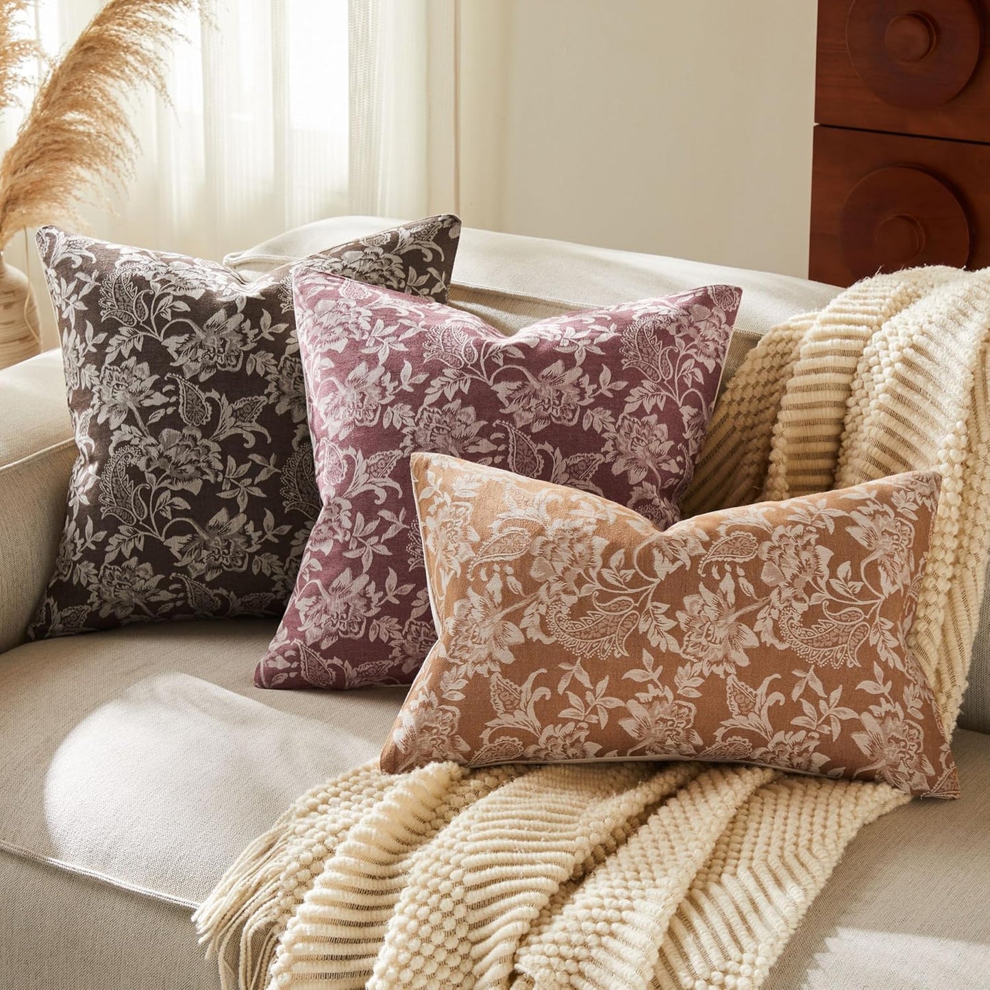 Floral Jacquard Throw Pillow Covers Set of 2, Background/Chocolate 20x20 Inch, Farmhouse Decorative Cotton Dark Brown Cushion Covers for Sofa Bed Living Room Home Decor