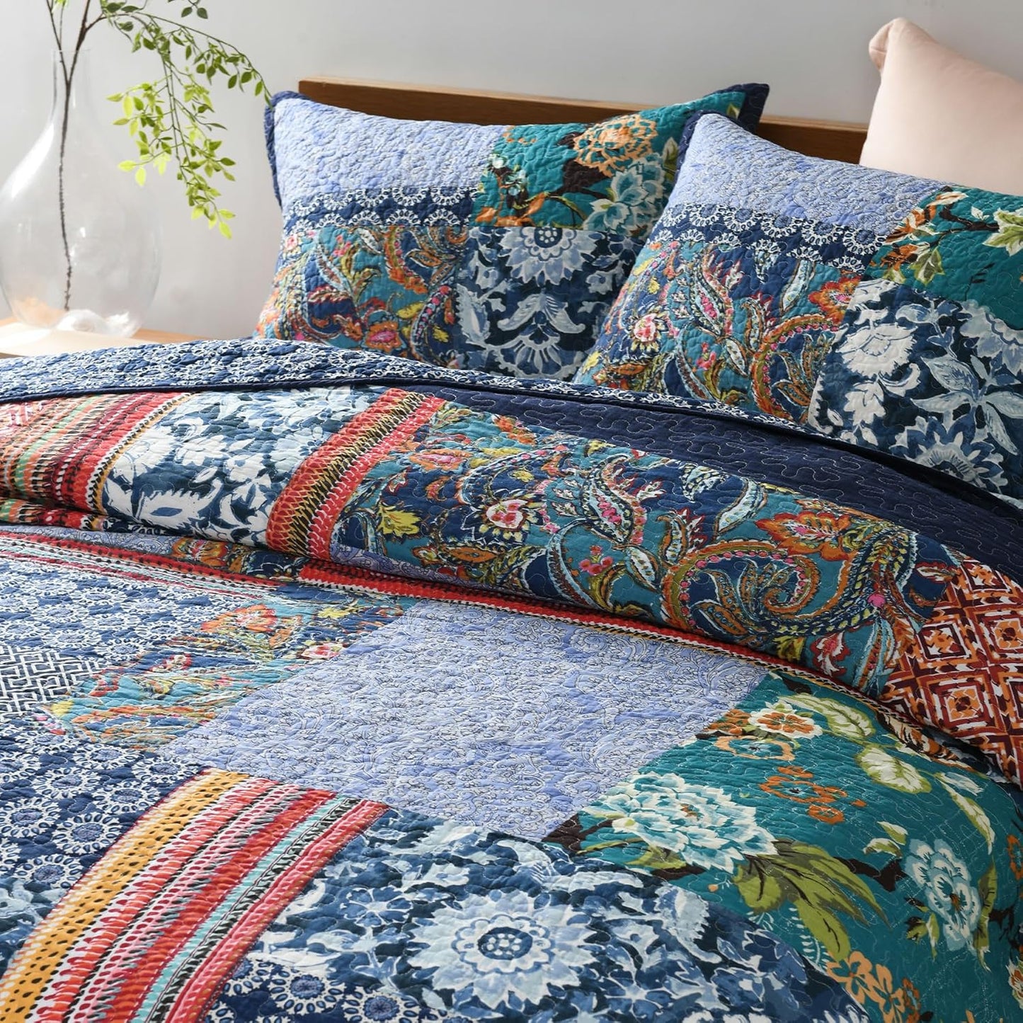 Secgo California King Quilt Size - 100% Cotton Oversized California Comforter Set Bedding Sets (120 * 110 Inch) with 2 Pillow Shams, Patchwork Reversible Lightweight Bedspread