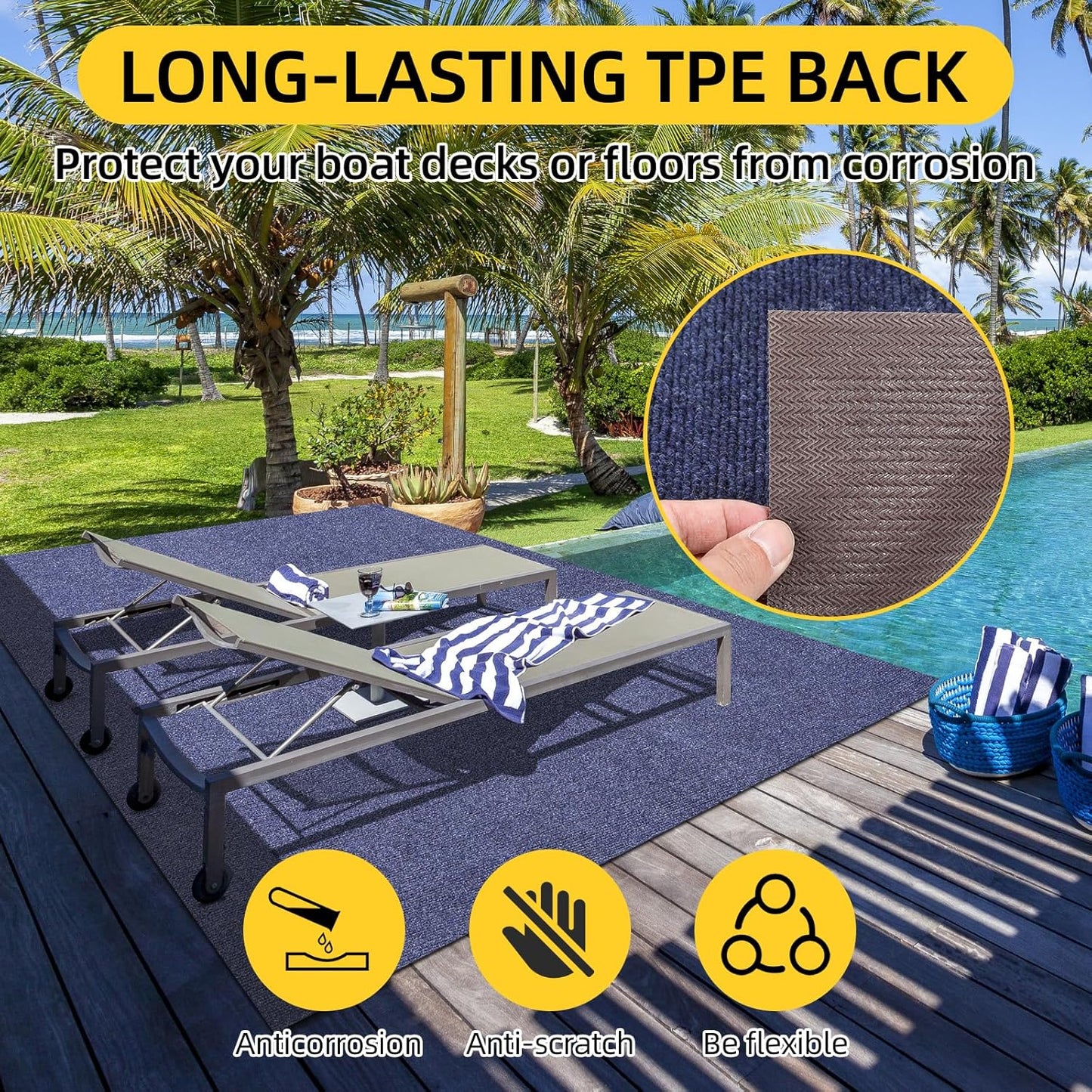 Marine Carpet,5 FT x 20 FT Deep Blue Indoor Outdoor Rug 0.2" Thick Boat Carpeting with Water-Proof TPE Backing, Non-Slip Outdoor Marine Carpet Roll for Home, Patio, Porch, Deck