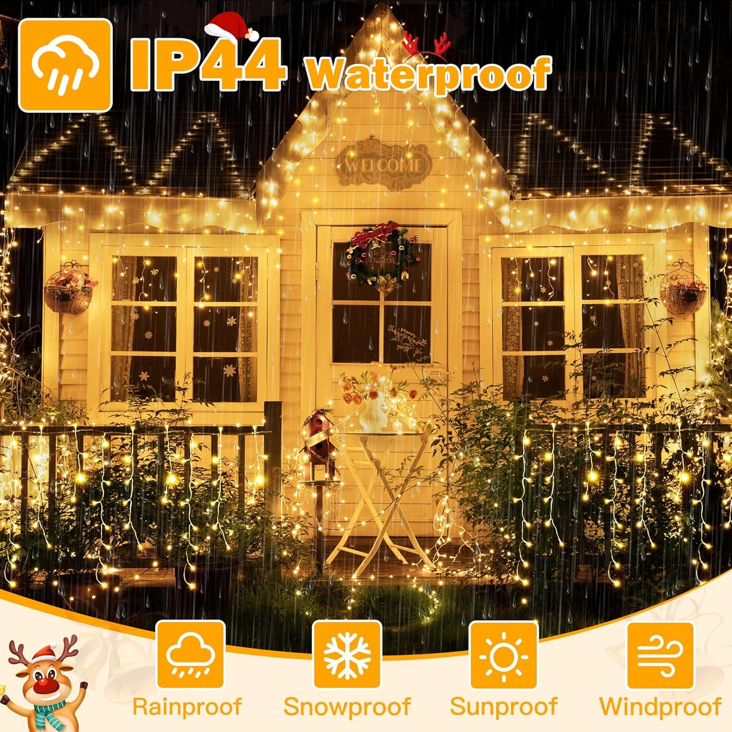 Ollny Icicle Lights for Outside 720LED 60FT, Warm White Christmas Lights with Remote 8 Modes Dimmable, Waterproof Connectable Timer Hanging Light for House Outdoor Yard Indoor Decorations