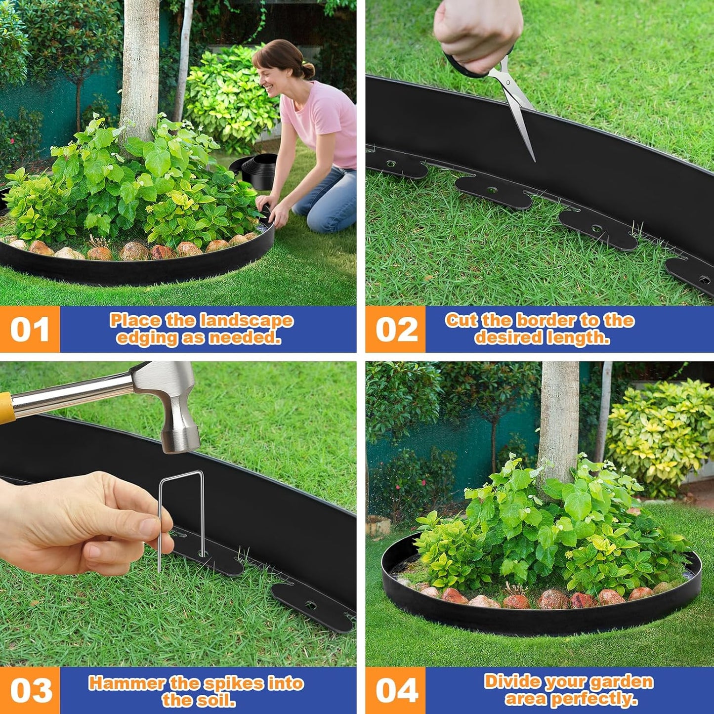 4 Inch x 33 FT (Multiple Sizes Available) Landscape Edging, Garden Edging Borders with 40pcs Upgrade Stakes, Flexible No Dig Plastic Garden Border for Lawn, Landscaping, Flower Beds, tree and Yard