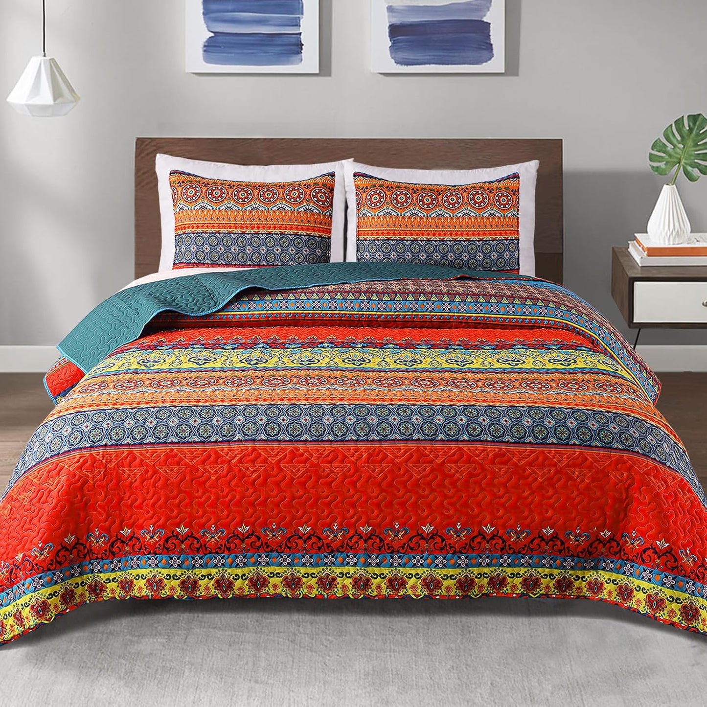 Exclusivo Mezcla Reversible Boho Quilt Set King Size, 3 Pieces Bohemian Blue All Season Bedspreads, Ultra Soft Floral Coverlet Bedding Set with Printed Pattern (1 Quilt, 2 Pillow Shams)