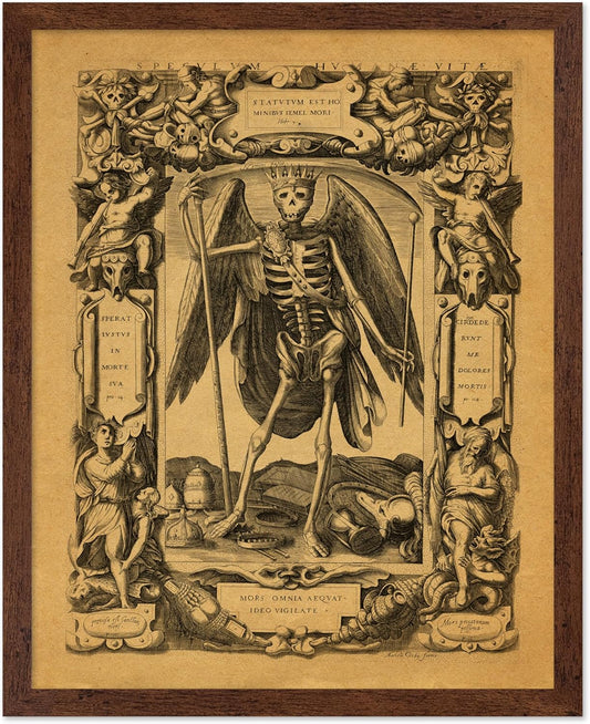 Poster Master Vintage Medieval Poster - Retro Gothic Print - Gift for Artist, Friend - Angel of Death, Memento Mori, Life, Skeleton, Dark - Wall Decor for Home, Living Room, 11x14 Brown Framed