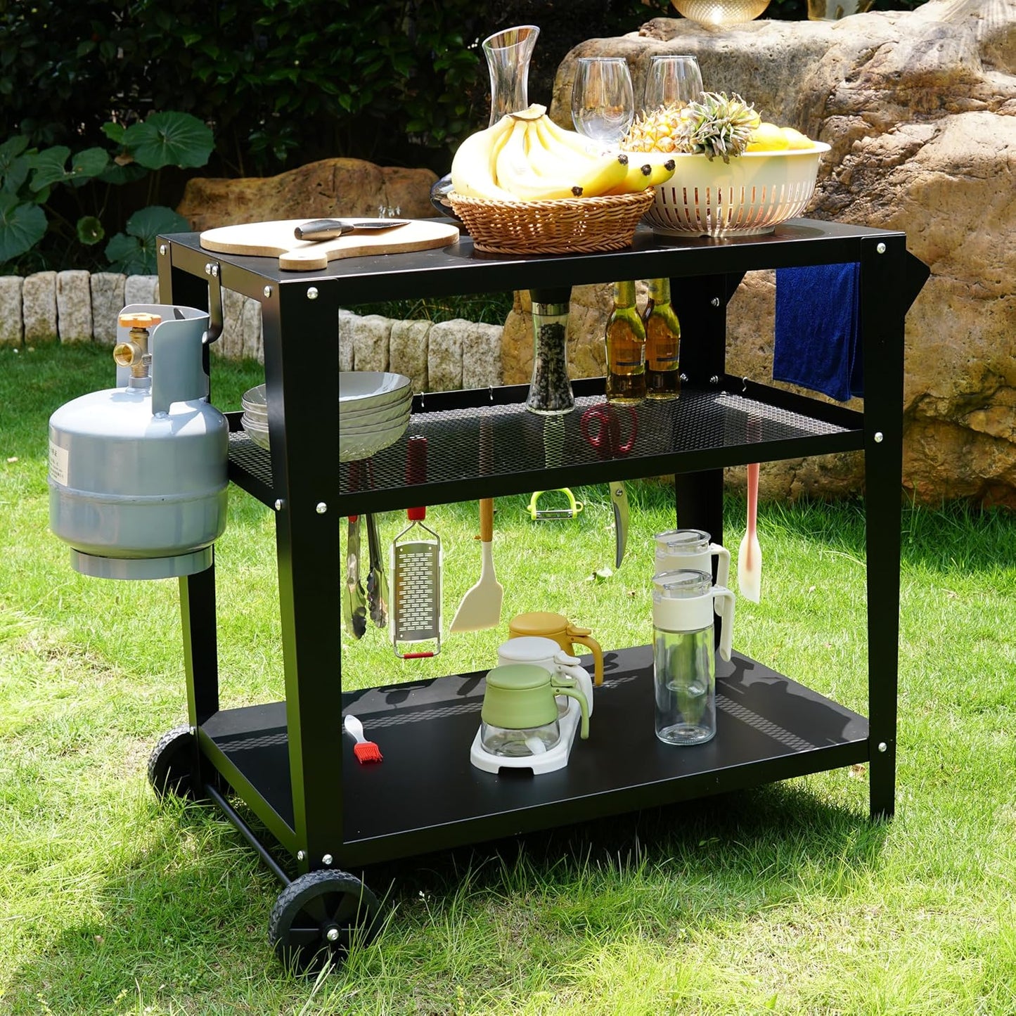 Black Outdoor Grill Cart with Wheels, Heavy-Duty 3-Tier BBQ Prep Table for Pizza Oven, Griddle, Patio – Rustproof Commercial Kitchen Cart with Tool Hooks