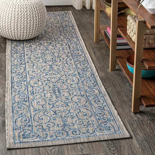 JONATHAN Y Vintage Filigree Indoor Outdoor Runner Rug 2X10 Gray/Navy, Charleston Textured Weave for Backyard, Patio, Porch, Easy-Cleaning, High Traffic, Pet-Friendly, Non-Shedding (SMB106C-210)