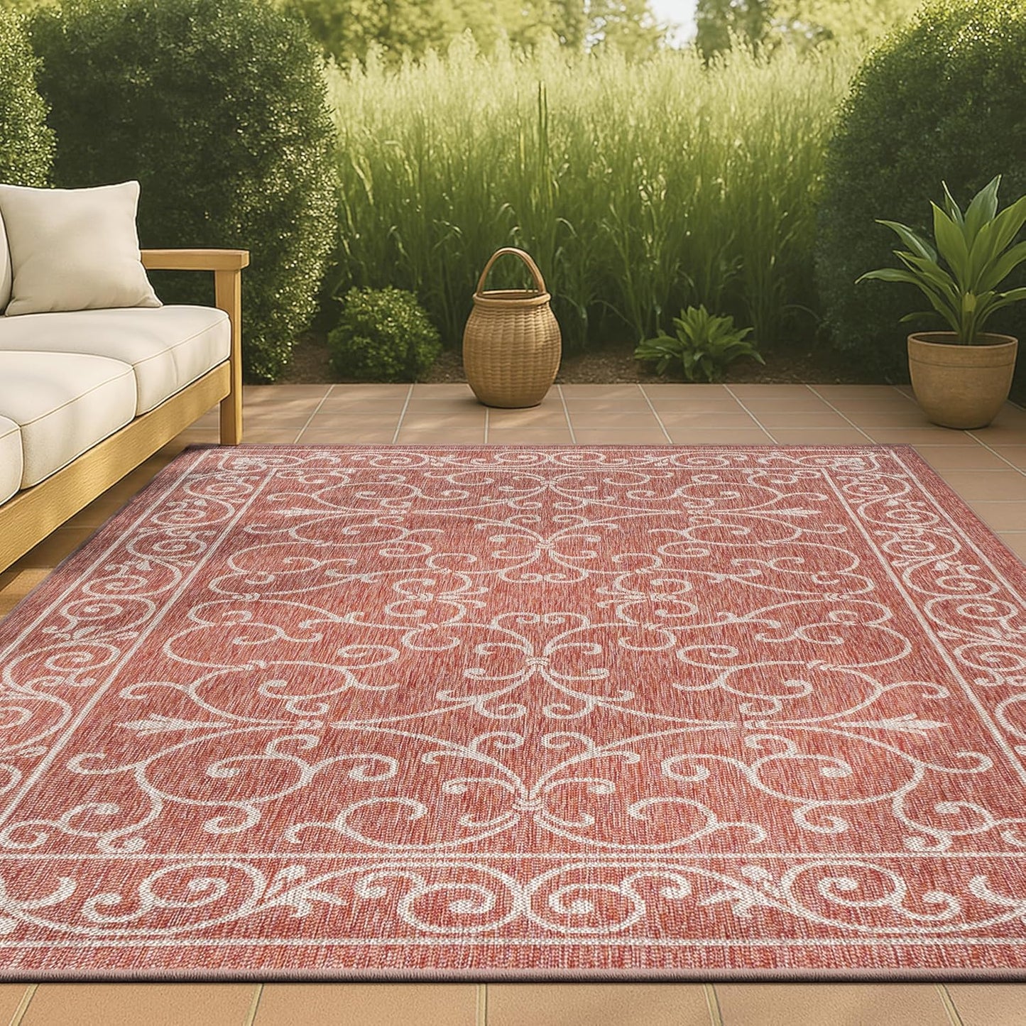 JONATHAN Y Vintage Filigree Indoor Outdoor Area Rug 5X8 Red/Beige, Charleston Textured Weave for Backyard, Patio, Porch, Easy-Cleaning, High Traffic, Pet-Friendly, Non-Shedding (SMB106B-5)