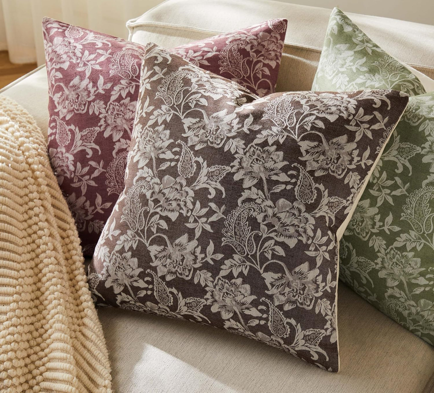 Floral Jacquard Throw Pillow Covers Set of 2, Background/Chocolate 20x20 Inch, Farmhouse Decorative Cotton Dark Brown Cushion Covers for Sofa Bed Living Room Home Decor