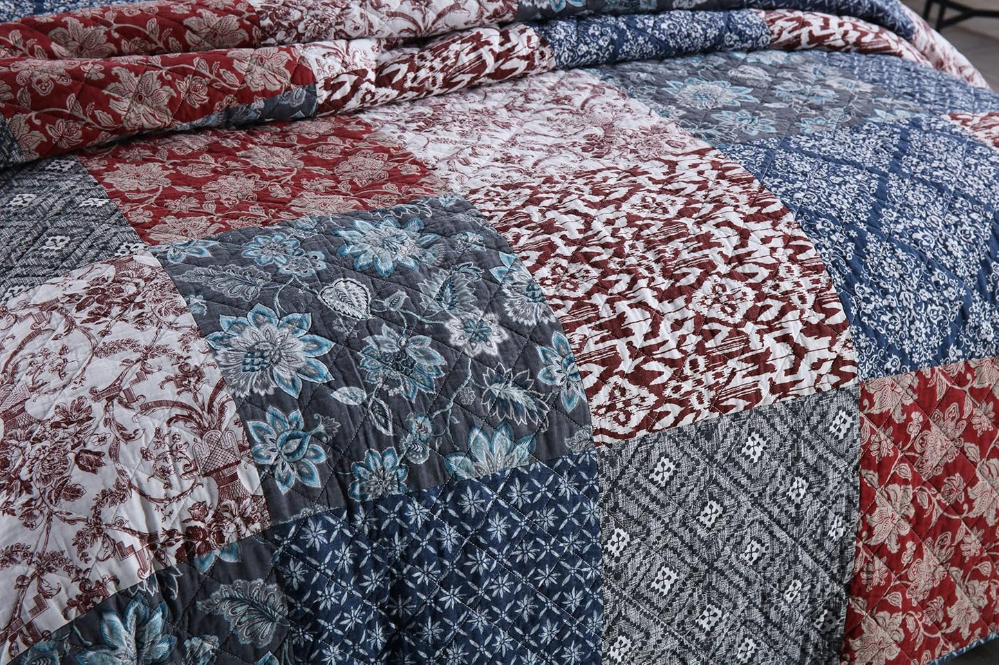 Yvooxny Quilts King Size Bedspread Quilt Set Lightweight Reversible Coverlet Set Real Patchwork Quilted Bedding Set for All Seasons, Bohemian Floral Style, King Size