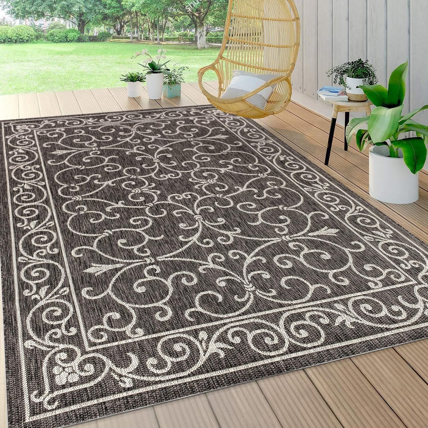JONATHAN Y Vintage Filigree Indoor Outdoor Area Rug 6X9 Black/Gray, Charleston Textured Weave for Backyard, Patio, Porch, Easy-Cleaning, High Traffic, Pet-Friendly, Non-Shedding (SMB106G-6)